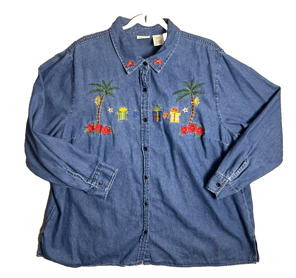 Christmas Palm Trees Denim Button Front Shirt 22W 24W Vtg White Stag Embroidered